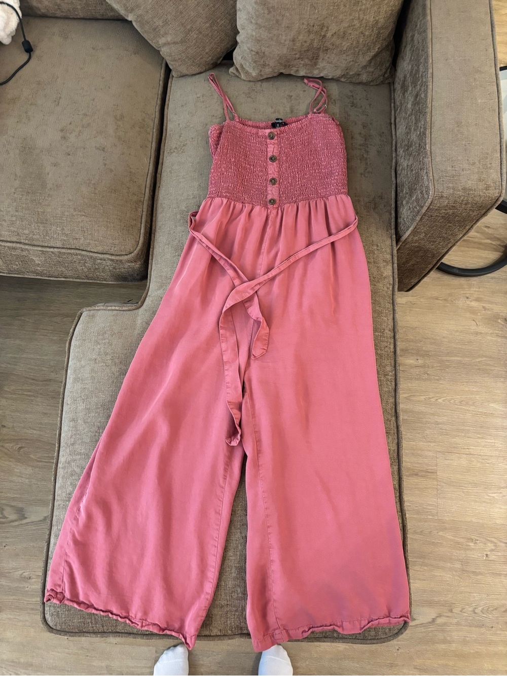 Papaya Rose-Pink Smocked Jumpsuit with Button Detail